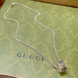 Unisex Gucci Antiqued Silver Engraved Cylinder Pendant Necklace